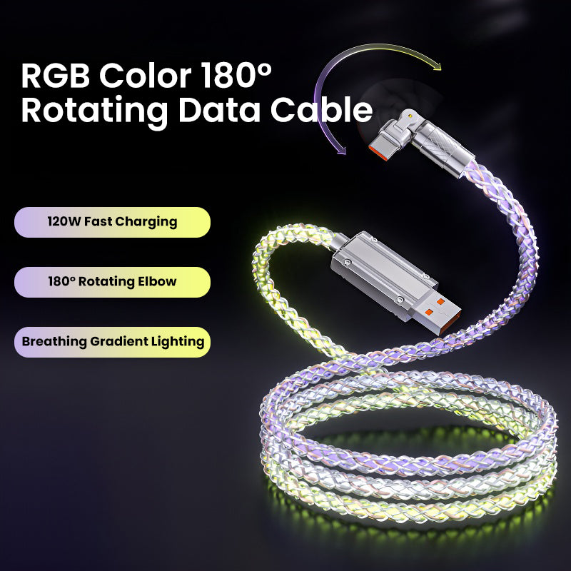 120W Super Fast Charge Data Cable with RGB Gradient Lighting and 180-degree Rotating Head