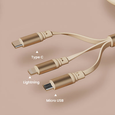 3-in-1 Retractable Charging Cable - Versatile and Portable for iOS, Type-C, and Android Devices in Elegant Beige