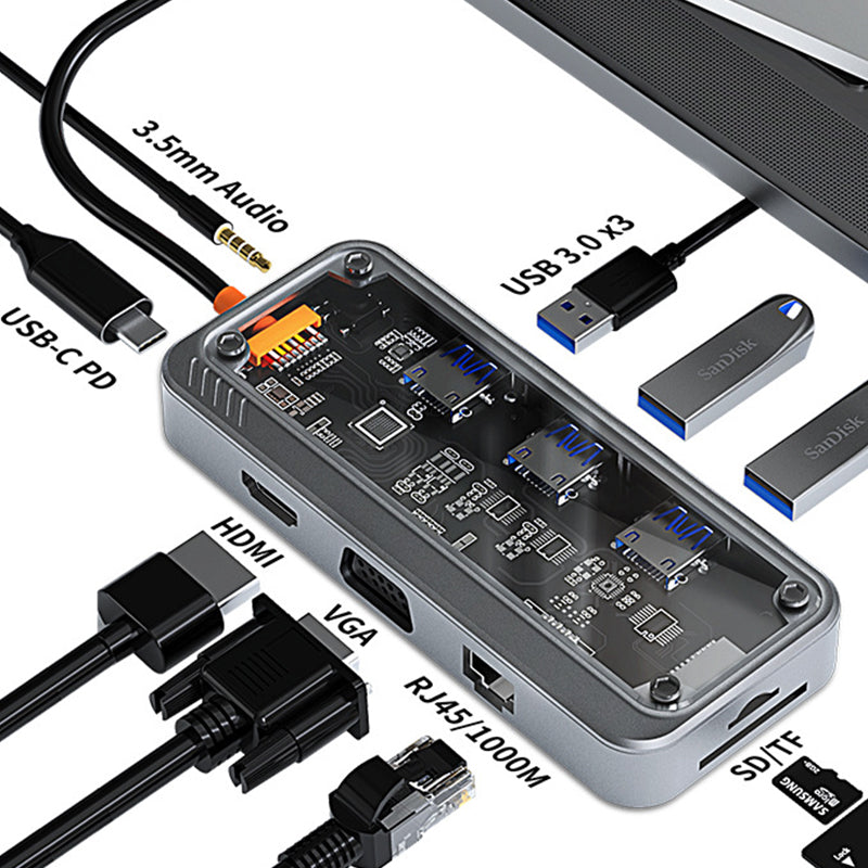 Transparent 10-in-1 Type-C Docking Station: All-in-One USB Hub and Computer Converter