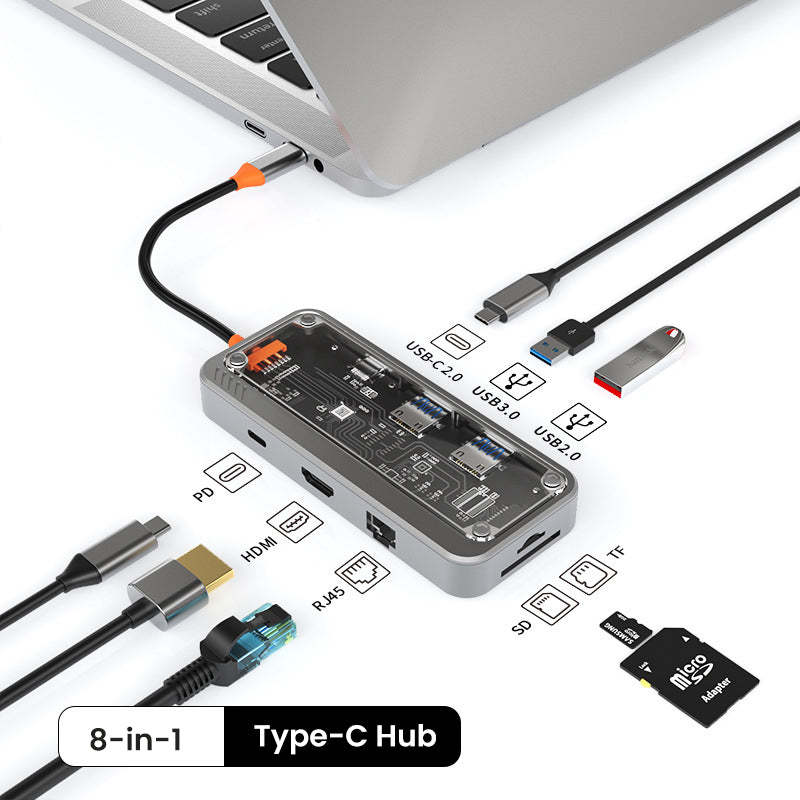 8-in-1 Transparent Type-C Docking Station: Multi-Port USB Hub and Converter with High-Speed Charging and Data Transfer