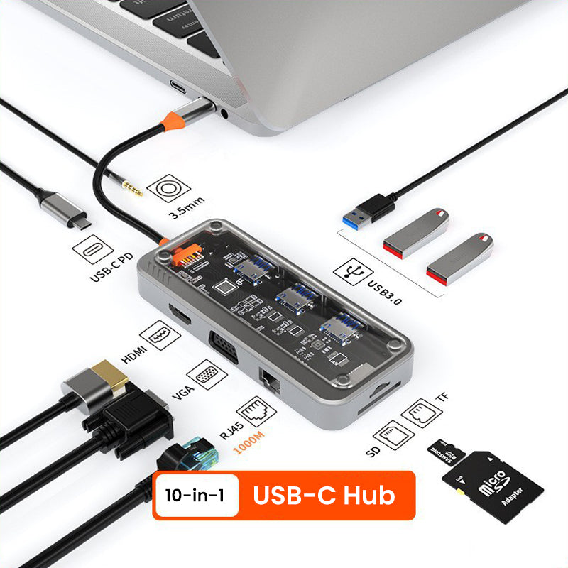 Transparent 10-in-1 Type-C Docking Station: All-in-One USB Hub and Computer Converter