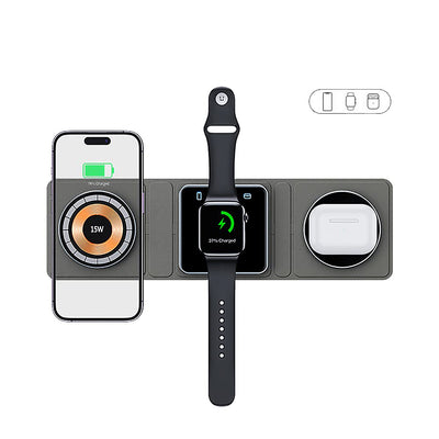 Foldable Travel Wireless Charger Station: Compact 3-in-1 Portable Magnetic Pad Kit for Apple Watch, iPhone, AirPods