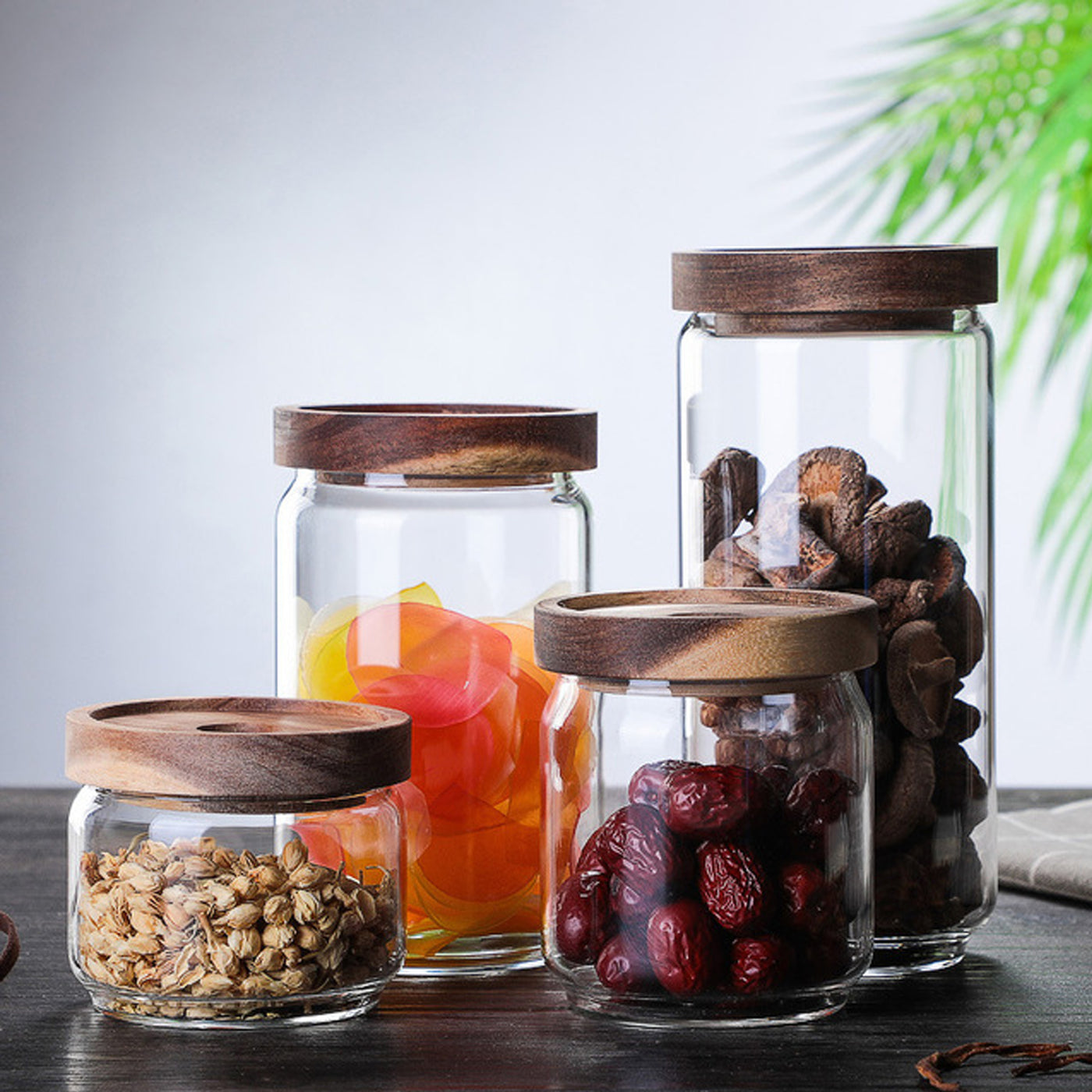 Glass Jars Set w/ Acacia Wood Jar Lids, Food Cereal Storage Containers for  Home Kitchen Tea Herbs Coffee Flour Herbs Grains
