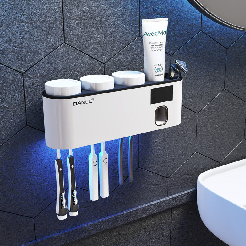 Smart UV Toothbrush Sanitizer Holder, Rechargeable Wireless Design, Wall Mounted with Hand Free Toothpaste Dispenser