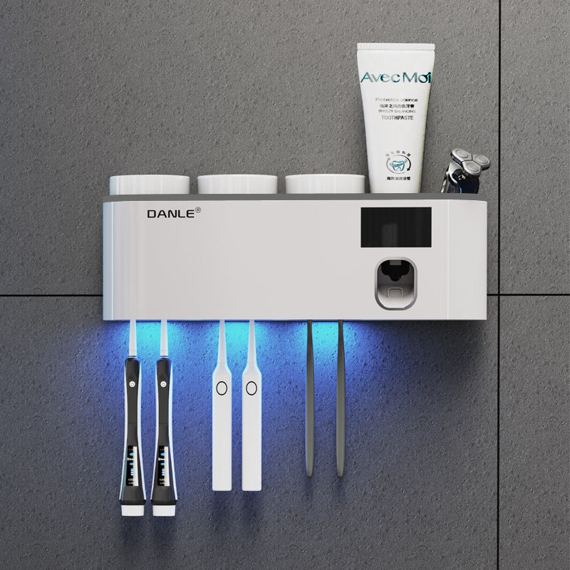 Smart UV Toothbrush Sanitizer Holder, Rechargeable Wireless Design, Wall Mounted with Hand Free Toothpaste Dispenser