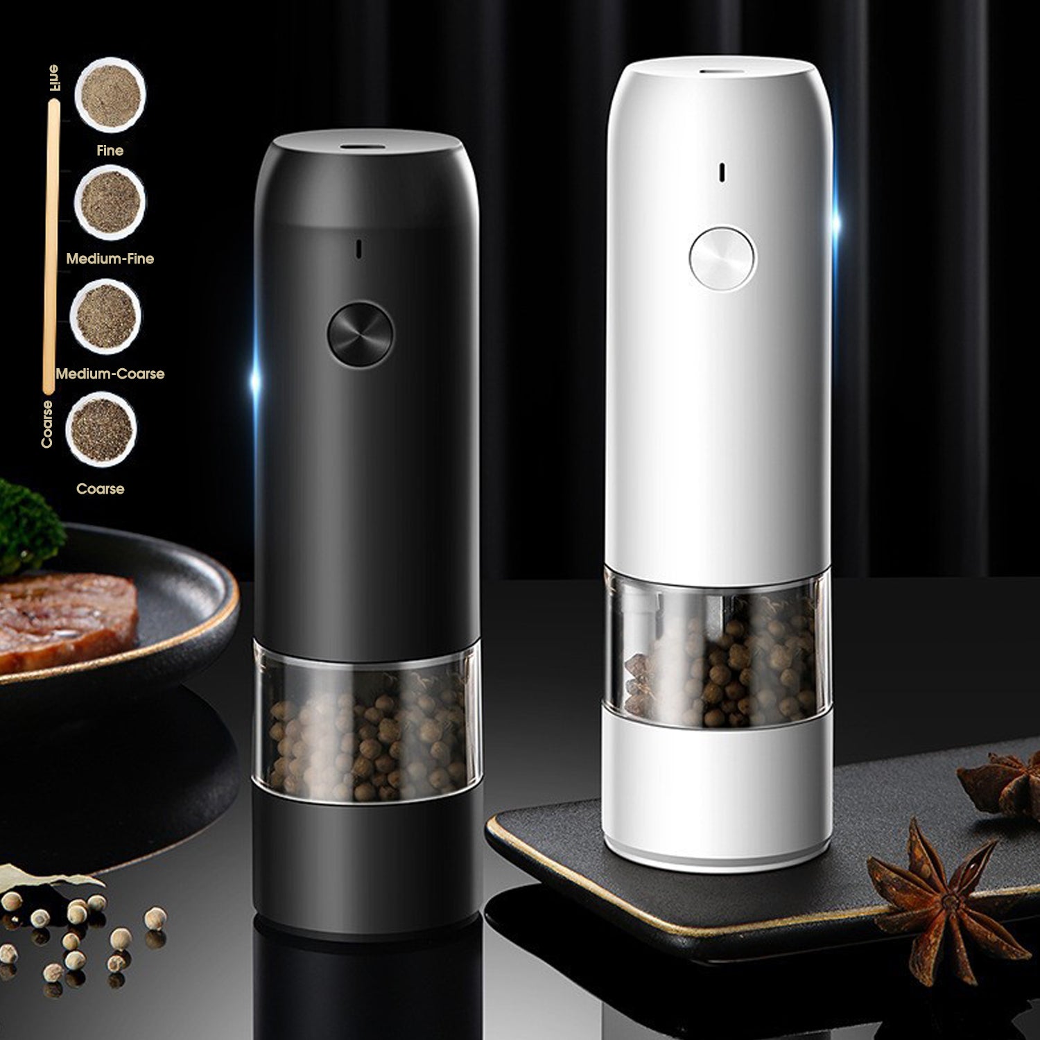 Electric Salt and Pepper Grinder Set of 2,automatic pepper mill,USB  rechargeable,Adjustable Coarseness,One-handed operation,ceramic  burr,refillable,Auto grinders with charging base LED light 