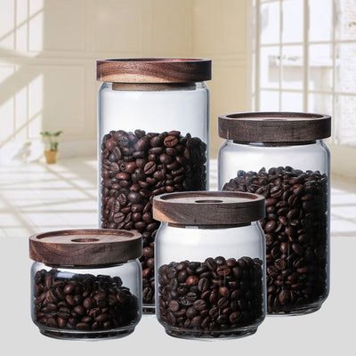 Glass Jars Set w/ Acacia Wood Jar Lids, Food Cereal Storage Containers for Home Kitchen Tea Herbs Coffee Flour Herbs Grains
